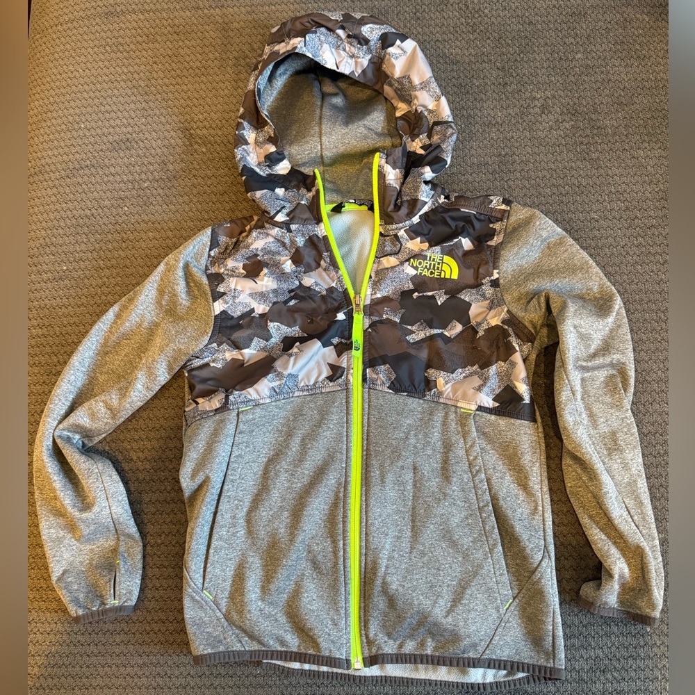 The North Face Kids' Grey Hooded Jacket with Camouflage Yoke